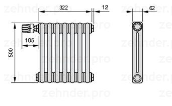 Схема (чертеж) Радиатор Zehnder Charleston 2050/7 №V012 Белый глянцевый RAL 9016
